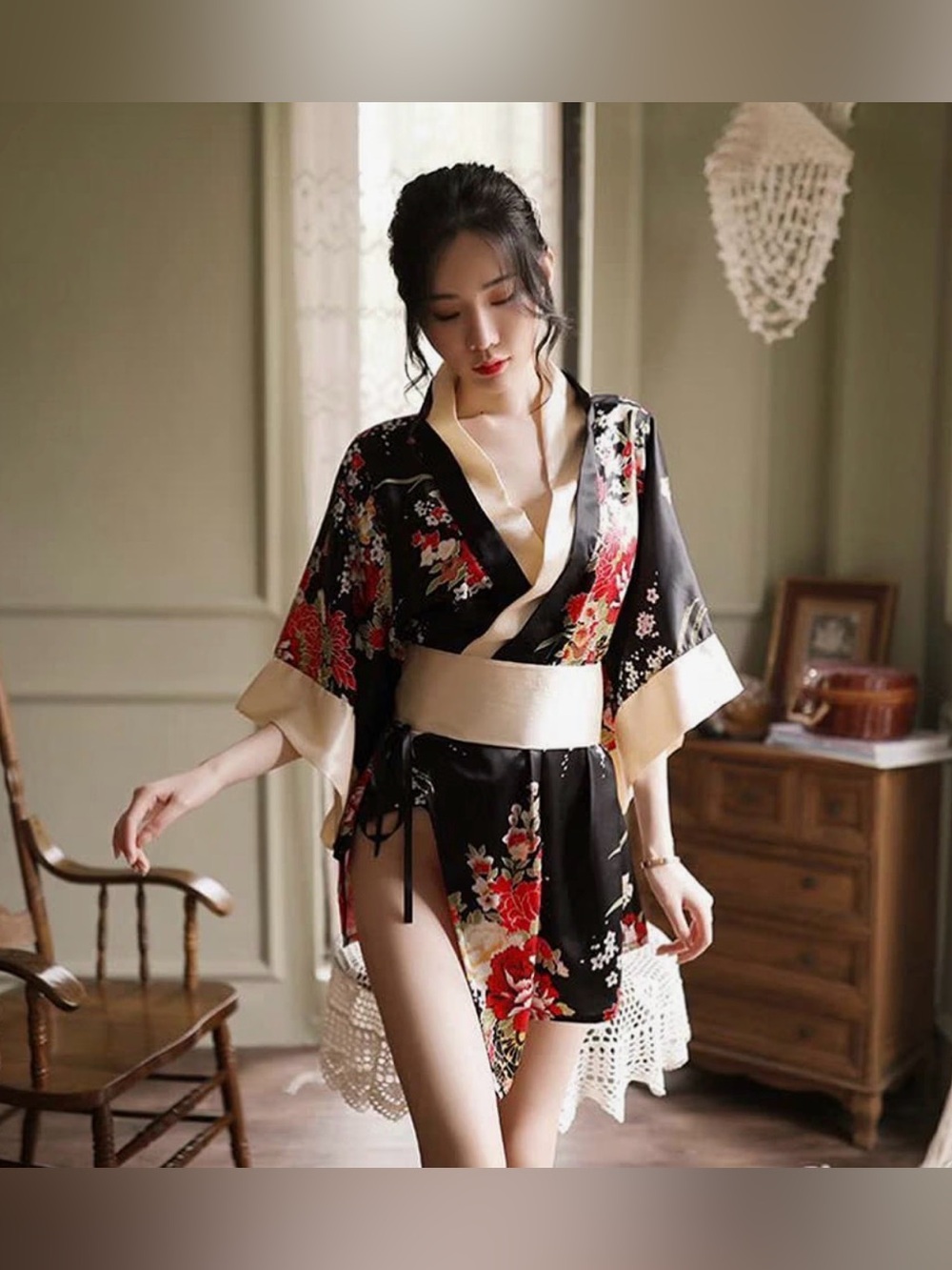 Black and red Floral Satin Kimono Robe with Cream Trim
